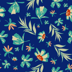 Abstract floral vector seamless repeat pattern, with 70's color schemes, orange, blue, teal color theme,on-trend floral designs perfect for fabrics,, wall paper, and home decor products - 353069105