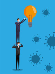 businessmen wearing medical mask lifting bulb