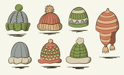 Set winter hat on white background. Vector illustration