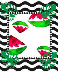 Background of black and white stripes, and watercolor watermelon.