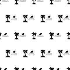 Seamless pattern. Shark fin and coconut tree palm on island.Hand drawn illustration in Doodle style. Vector illustration