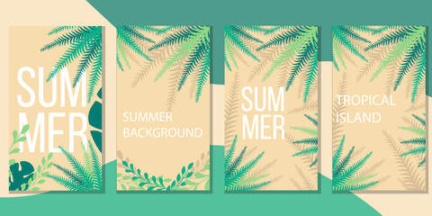 Set of vertical summer background for web mobile design. Abstract tropical leaves in flat style on wallpaper. Beach vector banner for social network stories with text space.
