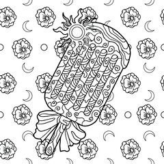 Seamless flower pattern with ice cream. Coloring page. Isolated line art on doodle and zentangle elements.Vector black and white illustration.