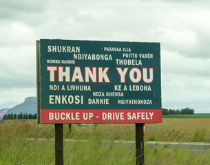 Thank you road sign written in African and foreign languages to buckle up and drive safely in South Africa concept road safety  © Childa