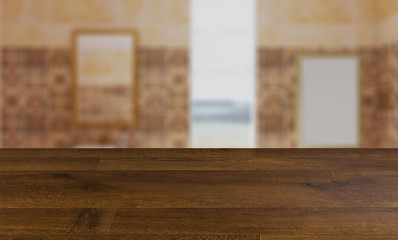 blurred interior on a wooden table background.Scandinavian bathroom, classic  vintage interior design. 3D rendering.. Empty paintings