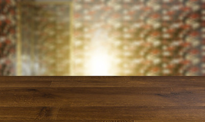 blurred interior on a wooden table background.Spacious bathroom in gray tones with heated floors, freestanding tub. 3D rendering.. Sunset