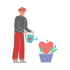 Young Man Watering Heart Growing in Flower Pot, Symbol of Love Vector Illustration