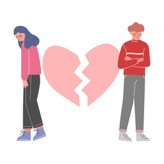 Sad Young Man and Woman with Broken Heart, Breakup, Divorce, Unrequited Love Vector Illustration