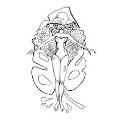A girl with long curly hair, wearing a hat and a bathing suit, tans on a large tropical leaf. Drawn in Doodle style. Vector illustration, black and white. 
