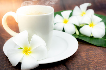 Coffee cup with white frangipani flower on wood texture