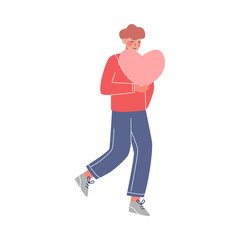Young Man Walking with Big Pink Heart, Love, Relationships Vector Illustration