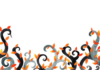 Fantasy ivy trees watercolor hand painting frame for decoration on autumn season or Halloween festival.
