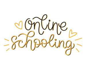 Online schooling handwritten lettering with yellow hearts. Creative vector design for web banner, poster, social media or print. Home education concept.