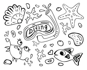 Collection underwater world, in Doodle style vector illustration. Set for packaging design, fabrics,greeting cards, decor on the disnes.