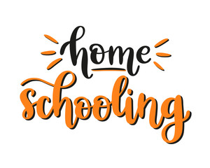 Home schooling hand-written lettering. Online education concept. Creative vector design for logo, web banner, poster, social media or print. Motivational phrase isolated on white background.