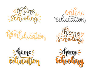 Online education, home schooling, home education vector lettering set. Handwritten motivational phrases with doodles. Creative typography design for logo, card, poster, web banner, social media.
