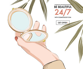 Woman hand holding beauty mirror, fashion style vintage illustration, cosmetolog promotion, summer beauty, cosmetics sale, advertising, banner, header, hand drawn sketch.  Social media post