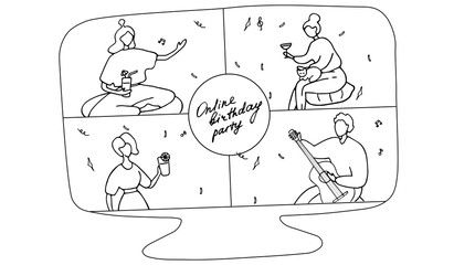 Internet party. Friends from different countries can chat and celebrate. Family event online. Remote communication. Linear doodle vector ullistration