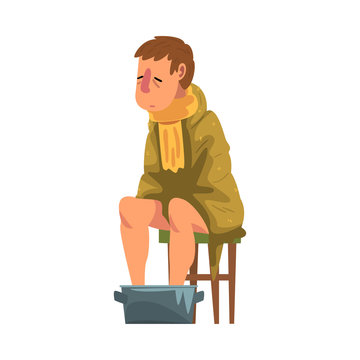 Sick Man Sitting On Chair Under Plaid, Guy With Flu Heating His Feet In Basin With Hot Water Cartoon Vector Illustration