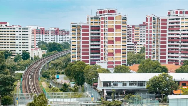 Urban Singaporeneighbourhood bustling transportation. Timelapse footage of Singapore neighbourhood. Timelapse footage of MRT on tracks.