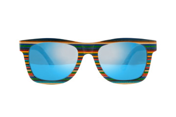 Wooden colorful striped sunglasses with blue glasses on white background
