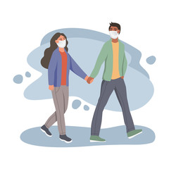 Man and woman  in protective face dust masks. People wearing protection from urban air pollution, smog, vapor. Coronavirus quarantine, respiratory virus concept. Flat cartoon  vector illustration.