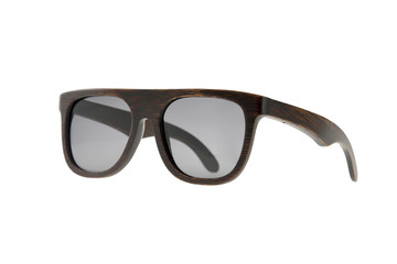 Wooden brown sunglasses with gray glasses on white background