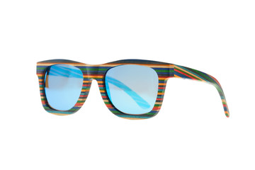 Wooden colorful striped sunglasses with blue glasses on white background