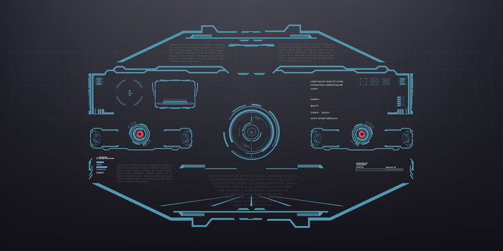 HUD, GUI Modern target auto-guidance system. Tilt scope sight in futuristic virtual display design. Target screen for video games. Techno target. Vector
