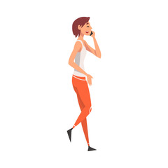 Girl Talking on Mobile Phone While Walking, Young Woman Using Digital Gadget Vector Illustration