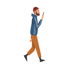 Guy Walking Outside, Young Man Looking at His Smartphone, Person Using Digital Gadget for Online Communication Vector Illustration