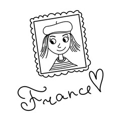 Photo of a girl in a beret and a vest in a curly frame with lettering France and a heart. Black and white illustration of a portrait of a girl in cartoon style on a white background. 