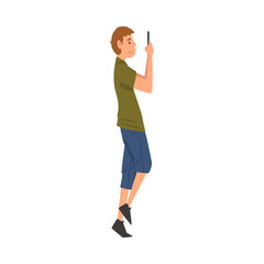 Guy Walking Outside, Teen Boy Looking at His Smartphone, Person Using Digital Gadget for Online Communication Vector Illustration