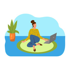 A young woman is working on a laptop and sitting on the floor. Concept freelance, remote work, work from home, self-isolation, quarantine, entertainment. Flat cartoon vector illustration.