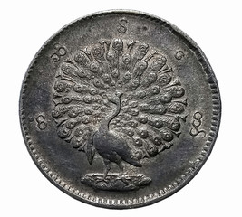 Portrait from Burma Silver Peacock Coin, One Kyat (Rupee) 1852 Coin of Burma,  An Old Silver Coin,...