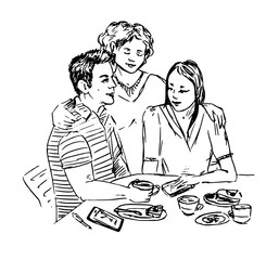 Friends happy talking while drinking coffee, hand drawn doodle, drawing in gravure style, sketch illustration