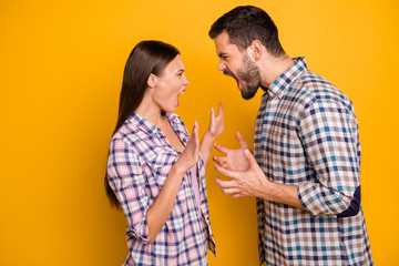 Profile photo furious lady guy couple girlfriend boyfriend yell each other scandal can't stay home together longer wear casual plaid shirts jeans isolated yellow color background