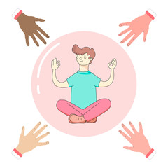 young guy is sitting inside a transparent glass bubble and the hands of different people are reaching for him.The concept of personal boundaries,social distance, personal space.vector illustration.