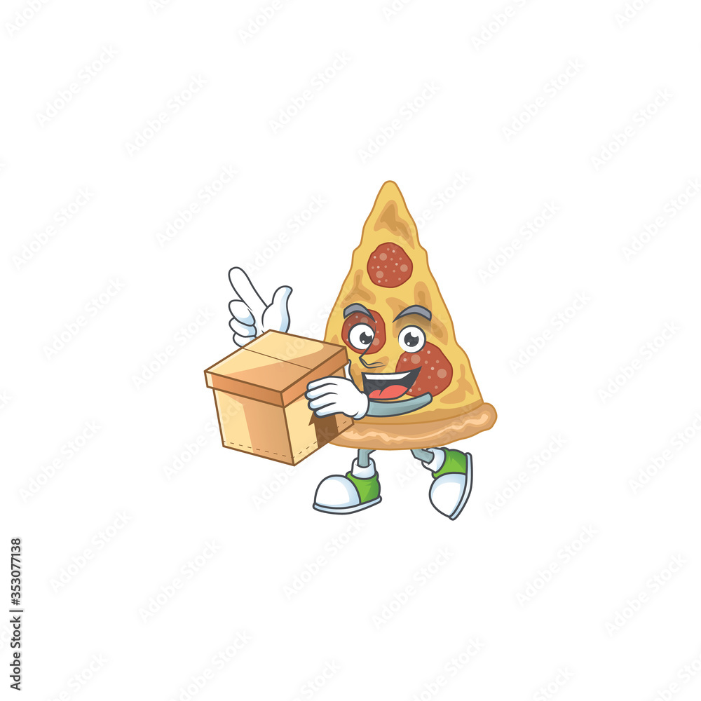 Poster cartoon design style of slice of pizza having gift box