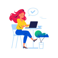 Fototapeta na wymiar Young beautiful girl sitting with laptop at coffee table remote working isolated on white background. Home office, freelance worker, online communication concept. Vector flat illustration.