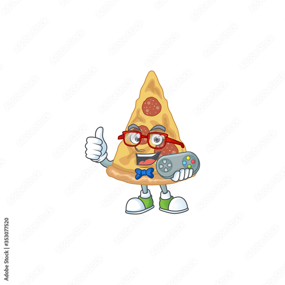 Sticker Cartoon mascot design of slice of pizza play a game with controller