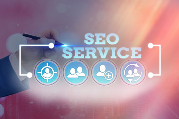 Word writing text Seo Service. Business photo showcasing techniques and procedures to increase the...