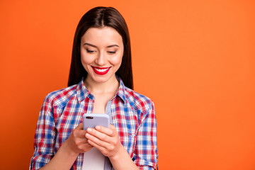 Close up photo of positive cheerful girl use smartphone read social media blogging information...