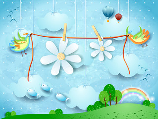 Surreal landscape with flying birds and hanging flowers