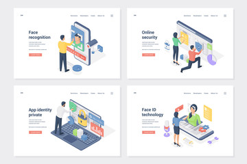 Fototapeta na wymiar Safety system, secure access isometric landing page templates set