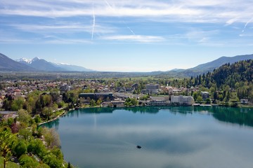 The hotels and commercial buildings without logos in Bled, Slovenia with a Blejsko jezero (Bled...