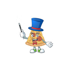 Talented slice of pizza Magician cartoon mascot design style