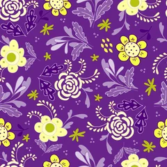 Rolgordijnen Seamless pattern of bright flowers and leaves in the Scandinavian style. Floral background for wrapping paper and scrapbooking. Design for fabric. Stock vector flat illustration. © AinaLiora