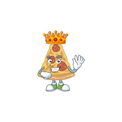 A charming King of slice of pizza cartoon character design with gold crown