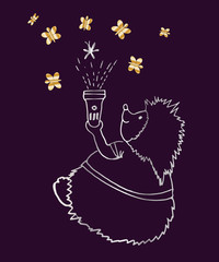
the hedgehog shines a flashlight in the dark and sees butterflies. vector image
